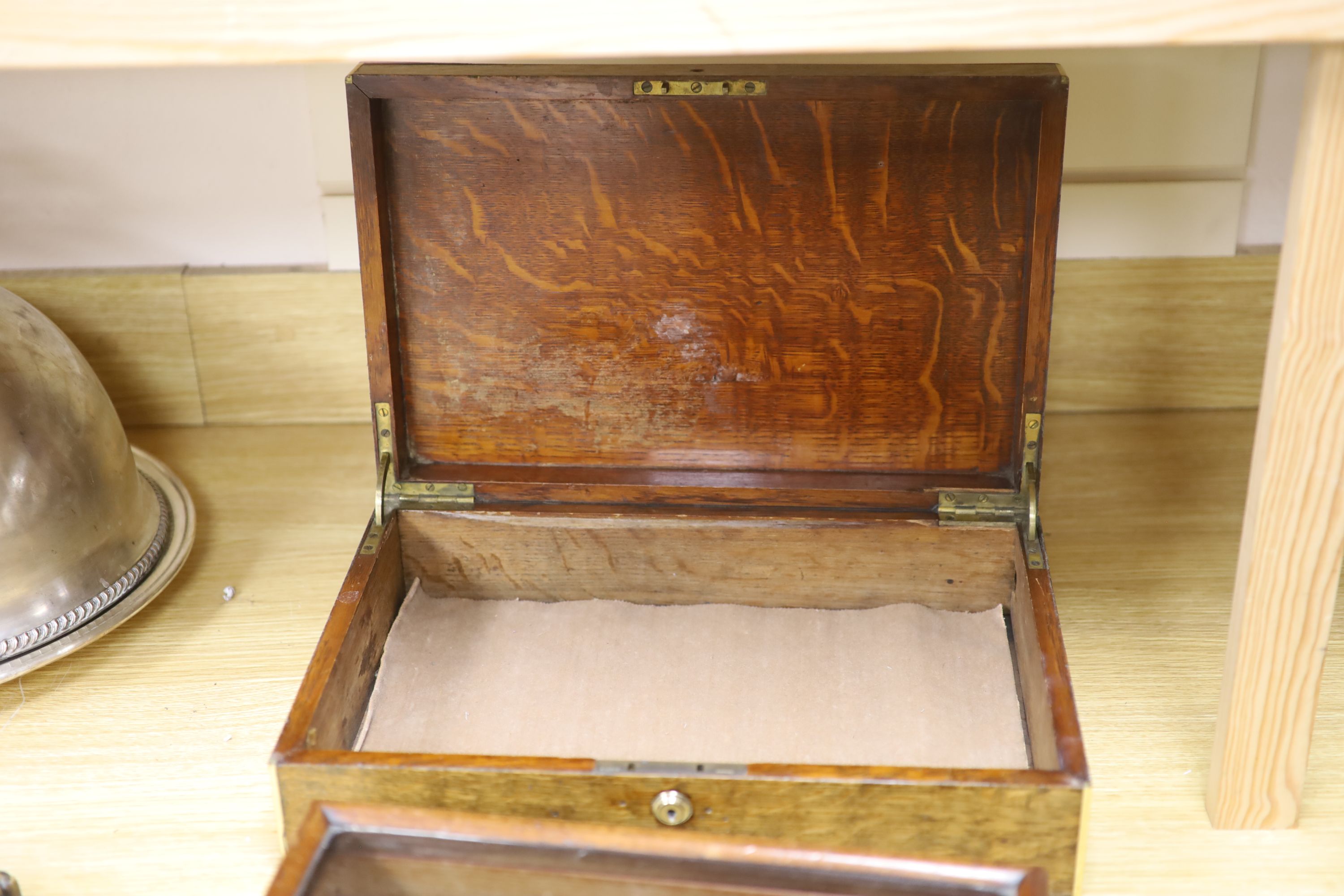 A display box, three snuff boxes, a Victorian brass bound oak document box and a coromandel box